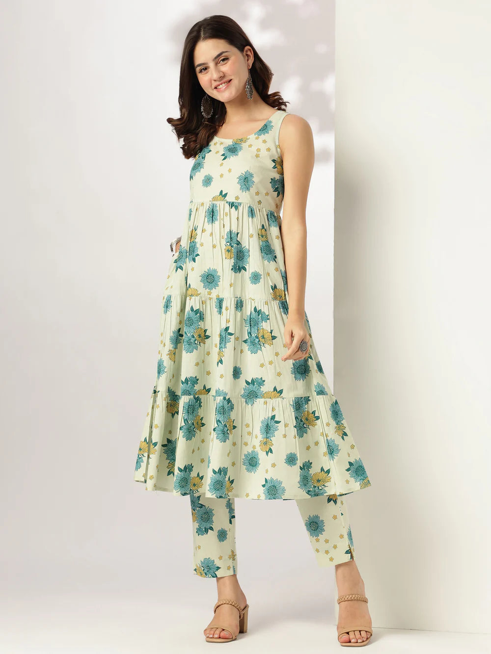 Mint Green Pure Cotton Floral Printed Tiered Kurta With Pant Set