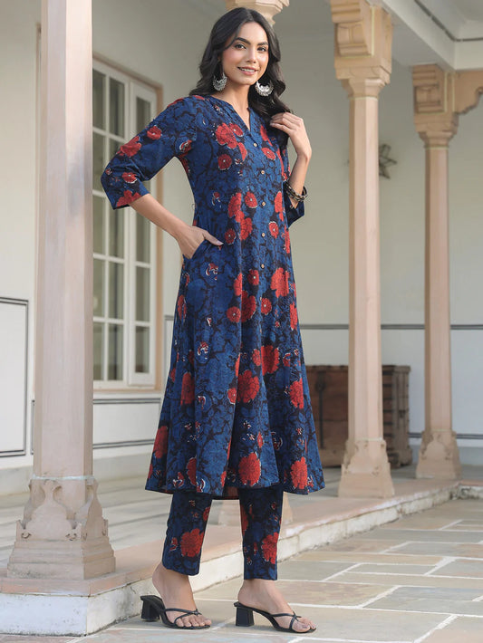 Navy Blue Floral Kurta Set – Timeless Prints, Effortless Charm