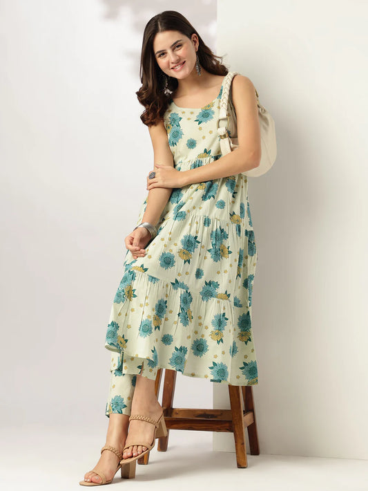 Mint Green Pure Cotton Floral Printed Tiered Kurta With Pant Set