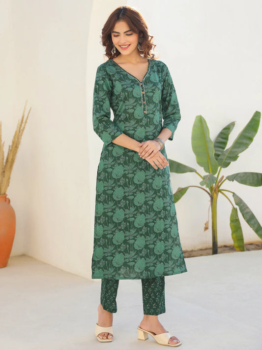 Emerald Green Printed Cotton Kurta Set – Subtle, Sophisticated, Stylish